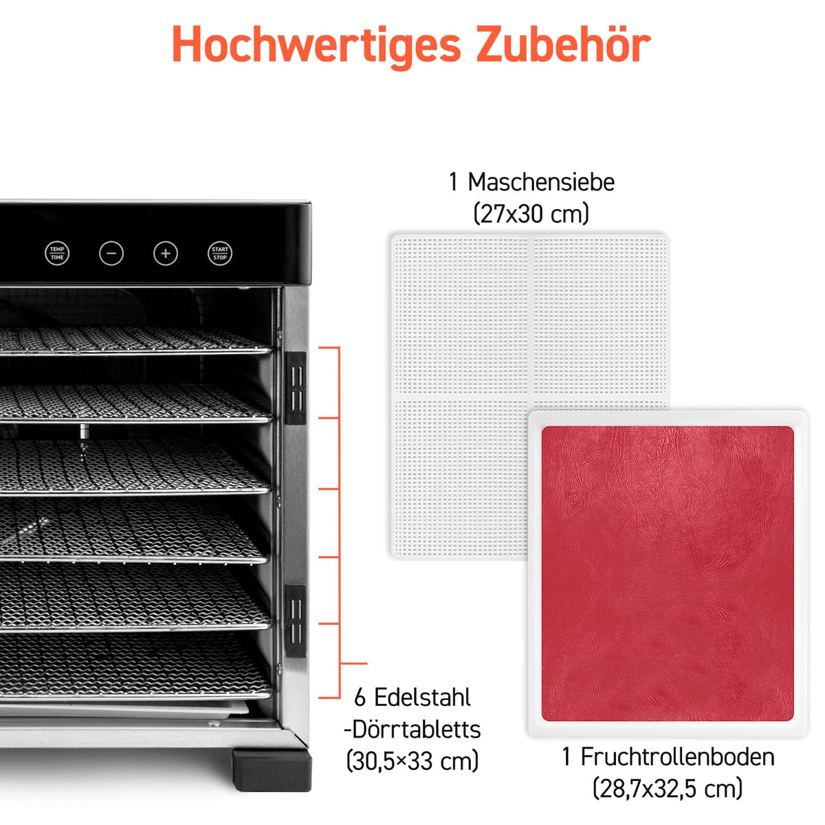 Dörrautomat CP267-FD 650W 6 Edelstahl-Tabletts 35-75°C 48 Std. Timer LED-Display