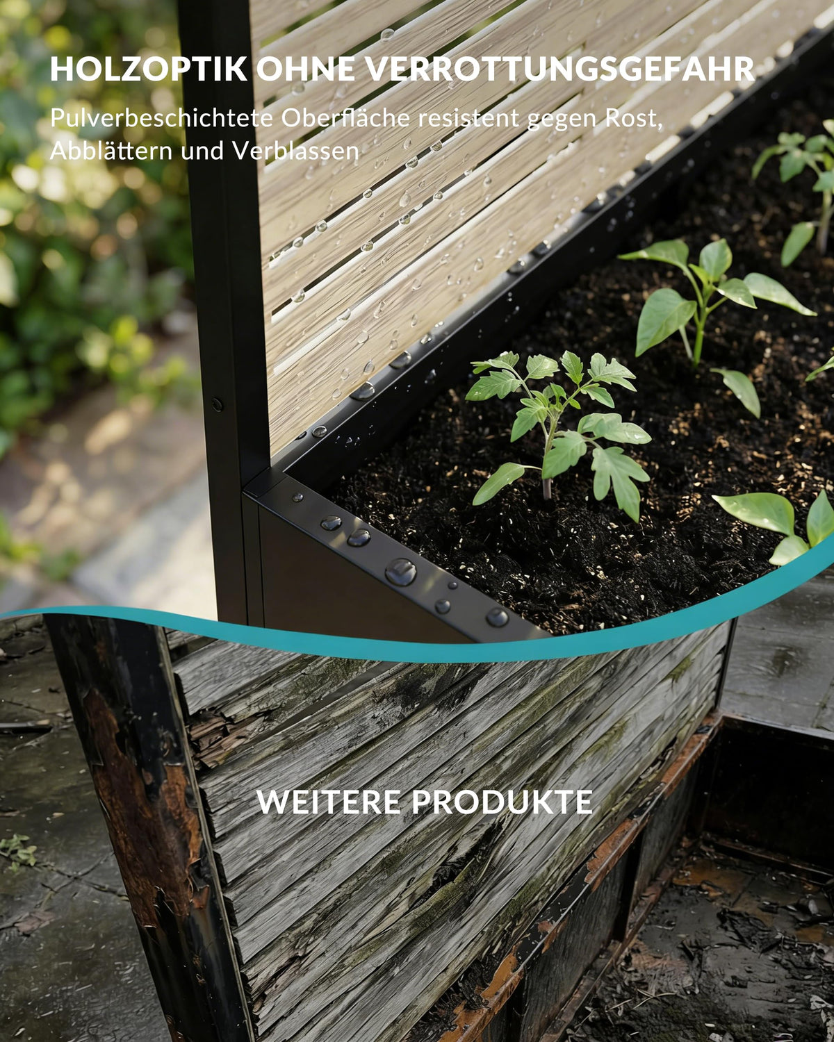 Metall Hochbeet mit Sichtschutz Rankgitter Rollen 33 cm tief 185 cm hoch wetterfest für Garten Balkon Terrasse
