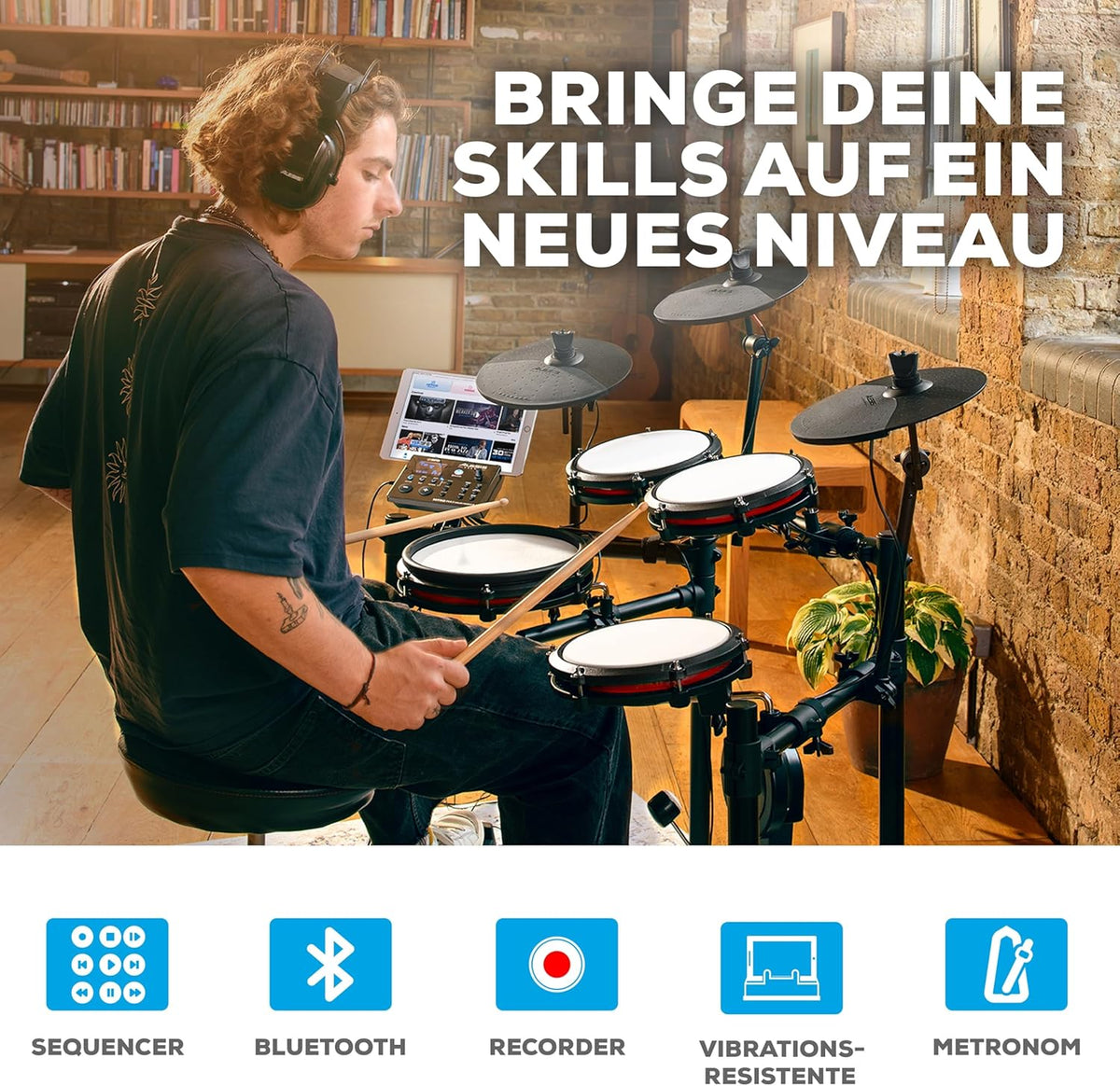 E-Drum Set 8-teilig Nitro Max Kit 10 Zoll Dual-Zone Snare Mesh Pads Bluetooth USB MIDI 440+ Sounds