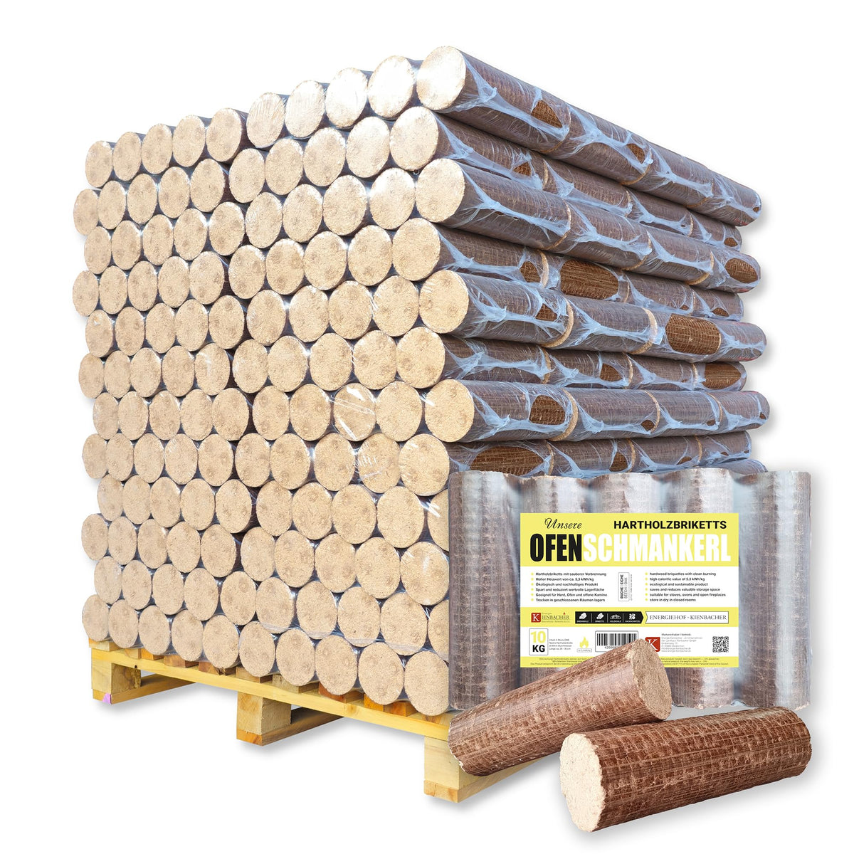 Nestro Hartholzbriketts aus Buche und Eiche 960 kg Palette 70–90 mm Durchmesser 25–30 cm Länge 5,2 kWh/kg