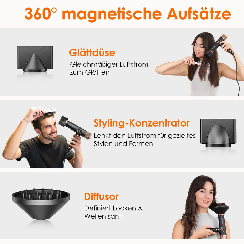 Haartrockner 1700 W 110.000 RPM bürstenloser Motor 12 Einstellungen LED-Anzeige Ionentechnologie 3 Magnetdüsen Schwarz