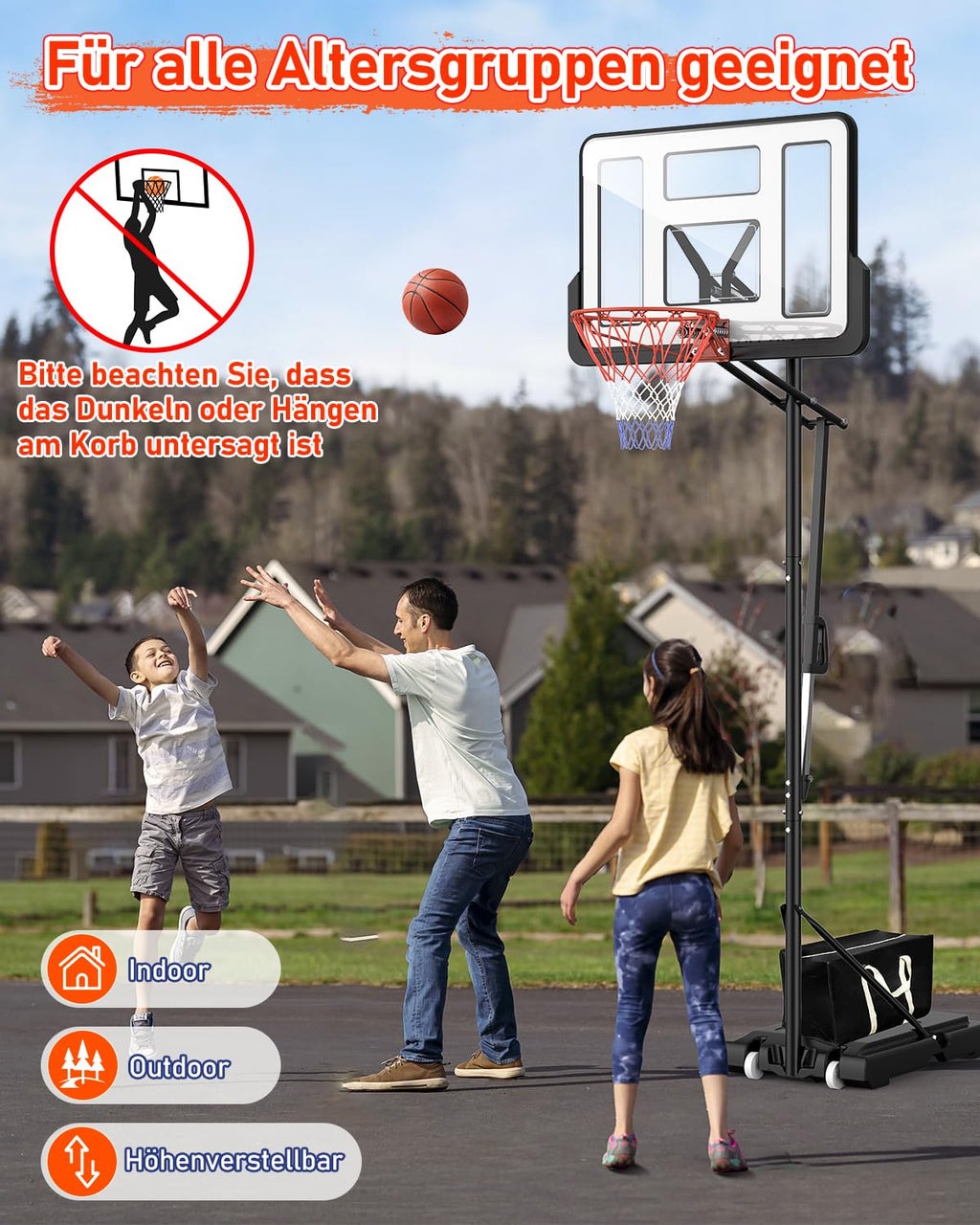 Höhenverstellbarer Basketballkorb LM052 145–305 cm mit 110 x 75 cm Rückwand Rollen und befüllbarer Standbasis