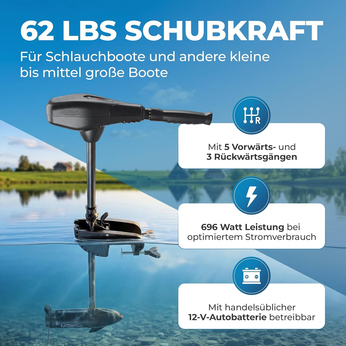 Elektro Bootsmotor Außenborder 12V 62 lbs Schub 696W Modell 62 für Schlauchboote mit Vorwärts- und Rückwärtsgängen