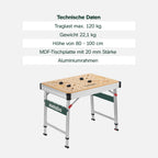 Multifunktionstisch MWB 100 Klappbare Werkbank Montagetisch mit 120 kg Traglast höhenverstellbar 2 Einhandzwingen 4 Bankhaken und 2 Eckverbinder