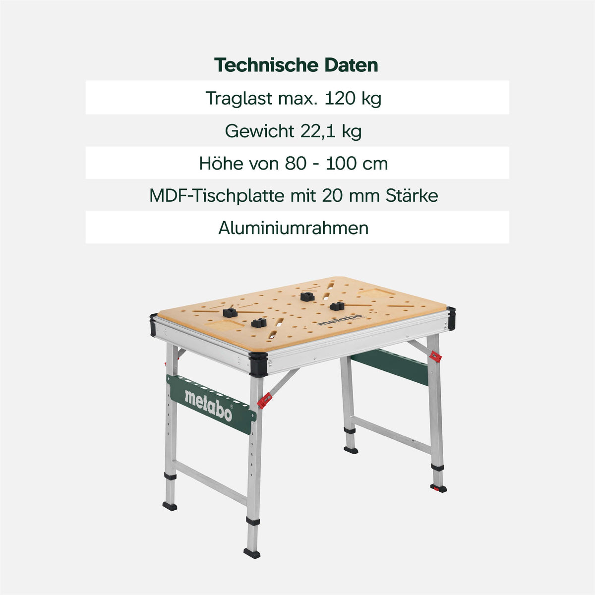 Multifunktionstisch MWB 100 Klappbare Werkbank Montagetisch mit 120 kg Traglast höhenverstellbar 2 Einhandzwingen 4 Bankhaken und 2 Eckverbinder
