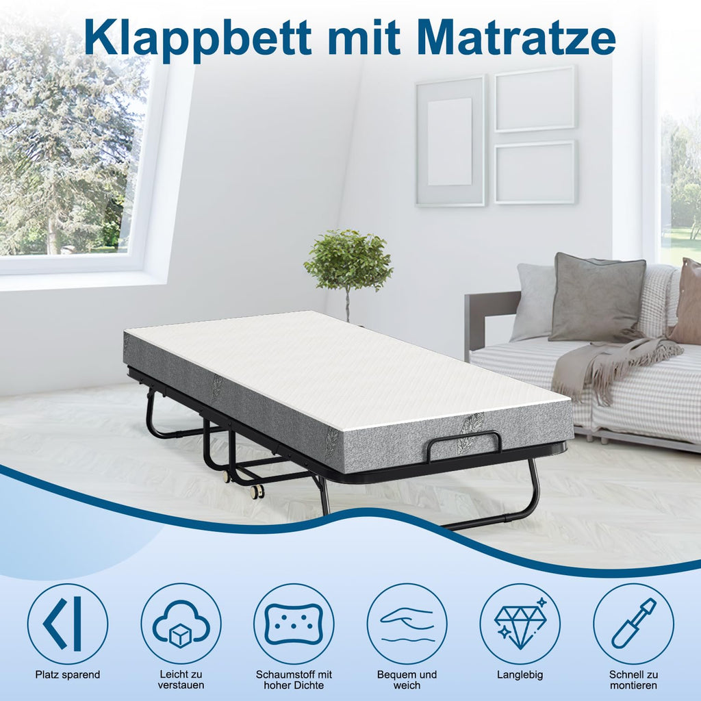 Klappbett 90 × 200 cm mit 13 cm Matratze bis 200 kg Metallrahmen Rollen Staubschutzhülle und waschbarem Bezug