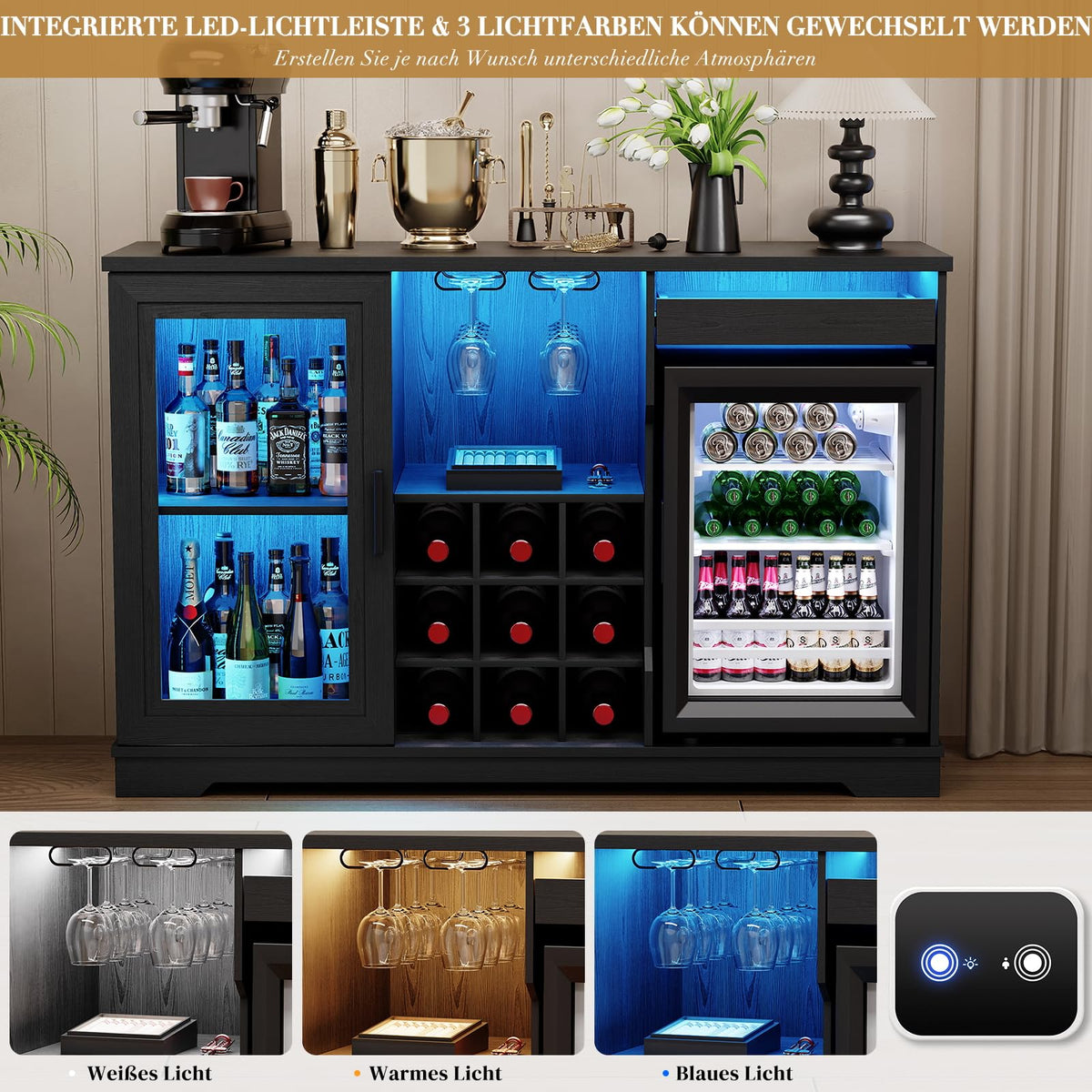 Barschrank mit Kühlschrank WR003B 120 x 40 x 78 cm LED-Beleuchtung 9 Weinregale Bewegungssensor