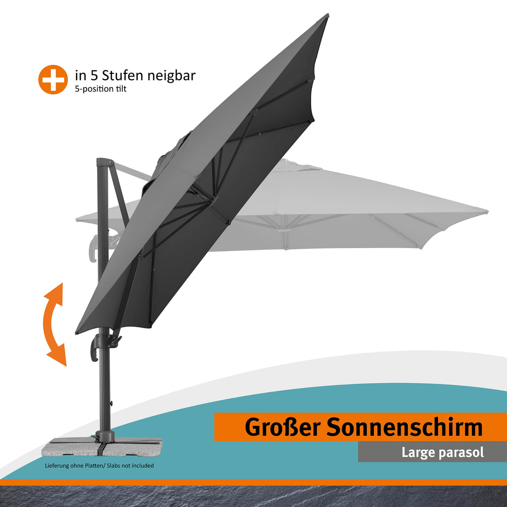 Rechteckiger Ampelschirm RHODOS GRANDE 400 x 300 cm aus Polyester mit Aluminiumgestell Kurbel 360° drehbar Anthrazit