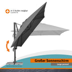 Rechteckiger Ampelschirm RHODOS GRANDE 400 x 300 cm aus Polyester mit Aluminiumgestell Kurbel 360° drehbar Anthrazit