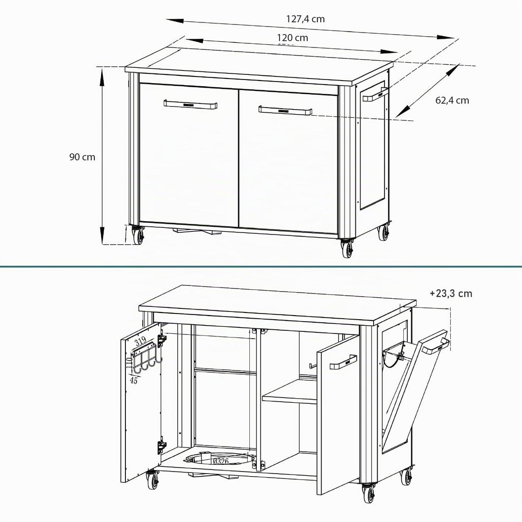 Outdoor-Küchenschrank mit Edelstahlplatte 2 Türen 4 Rollen Gasflaschenhalterung 127 x 67 x 90 cm