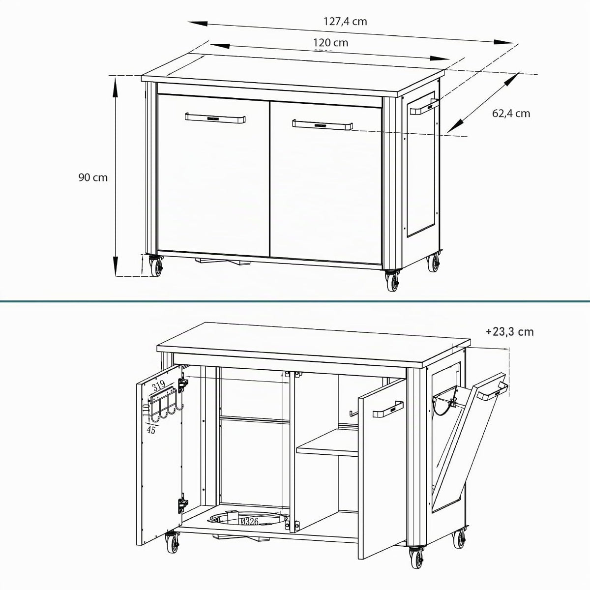 Outdoor-Küchenschrank mit Edelstahlplatte 2 Türen 4 Rollen Gasflaschenhalterung 127 x 67 x 90 cm