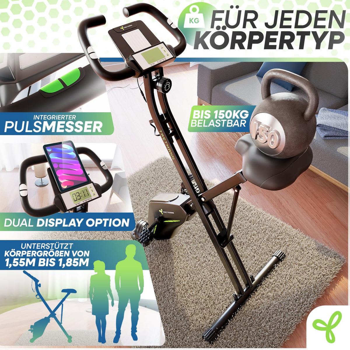 Klappbarer Heimtrainer Tretmann Home mit Magnetwiderstand 16 Stufen gepolstertem Sitz und 150 kg Belastbarkeit