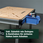 Multifunktionstisch MWB 100 Klappbare Werkbank Montagetisch mit 120 kg Traglast höhenverstellbar 2 Einhandzwingen 4 Bankhaken und 2 Eckverbinder