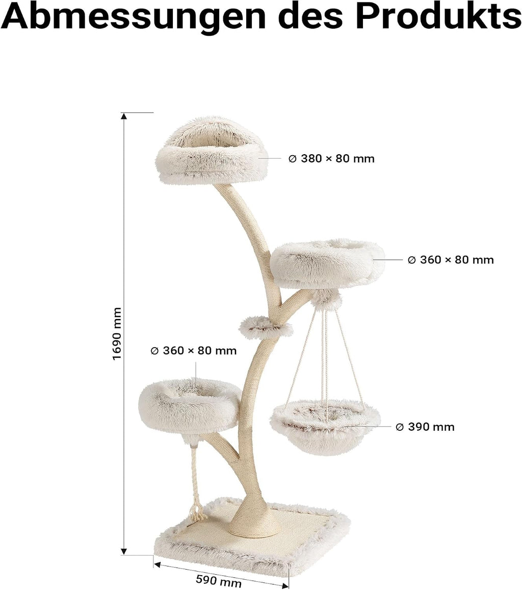 Kratzbaum mit Hängeliege 59 x 59 x 169 cm 3 Ebenen bis 15 kg Sisal und Plüsch Katzenbaum mit Liegeflächen und Spielbereichen