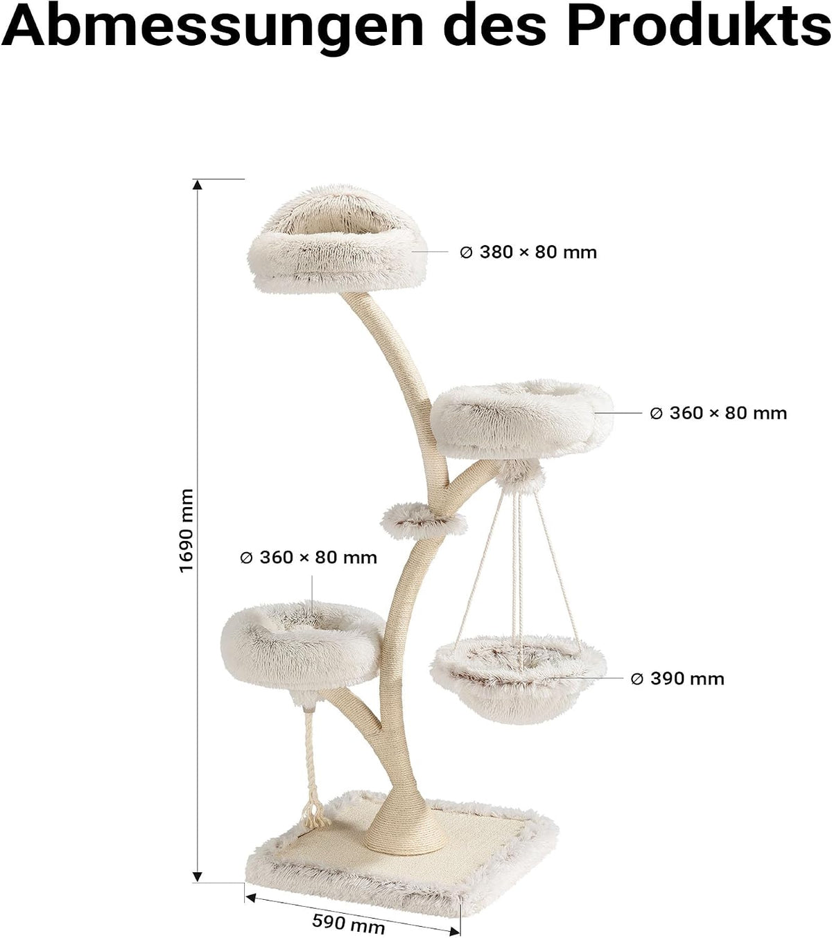 Kratzbaum mit Hängeliege 59 x 59 x 169 cm 3 Ebenen bis 15 kg Sisal und Plüsch Katzenbaum mit Liegeflächen und Spielbereichen