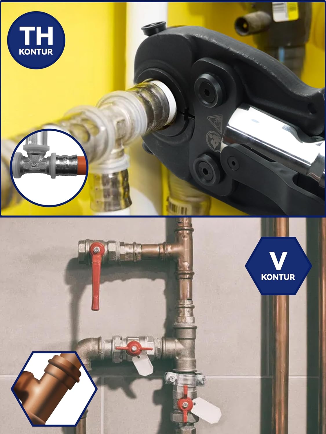 Hydraulische Rohrpresszange V und TH Kontur HT-1930 8T 80kN 12–32mm Pressbacken für Kupfer Edelstahl Verbundrohr Set