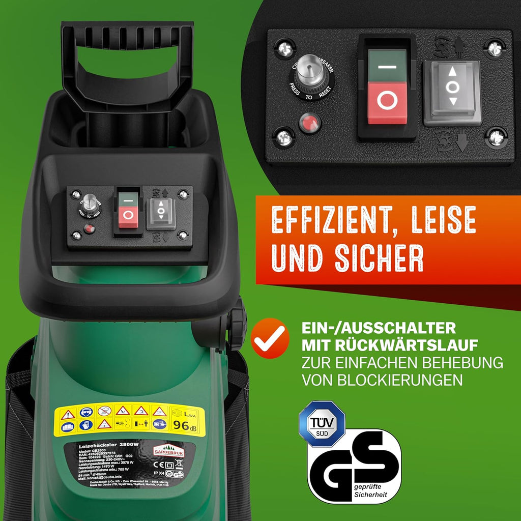 Elektrischer Walzenhäcksler DBHC002 3100 W bis 44 mm Aststärke mit 2 x 60 L Auffangbeuteln