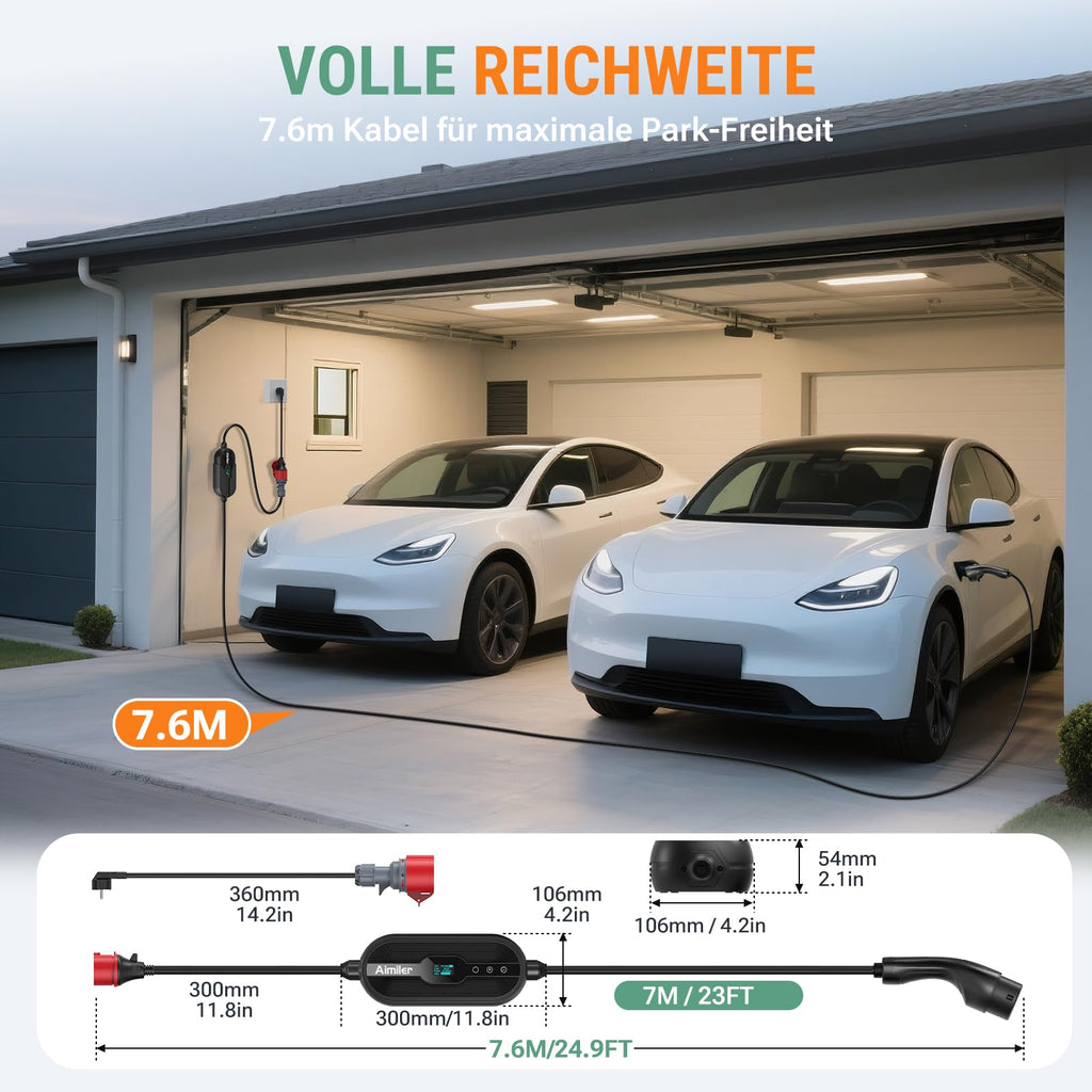 Mobile Wallbox 11kW mit App 400V 16A 3-phasig 7,6m Typ 2 Ladekabel CEE IP66 OLED Wandmontage für E-Autos