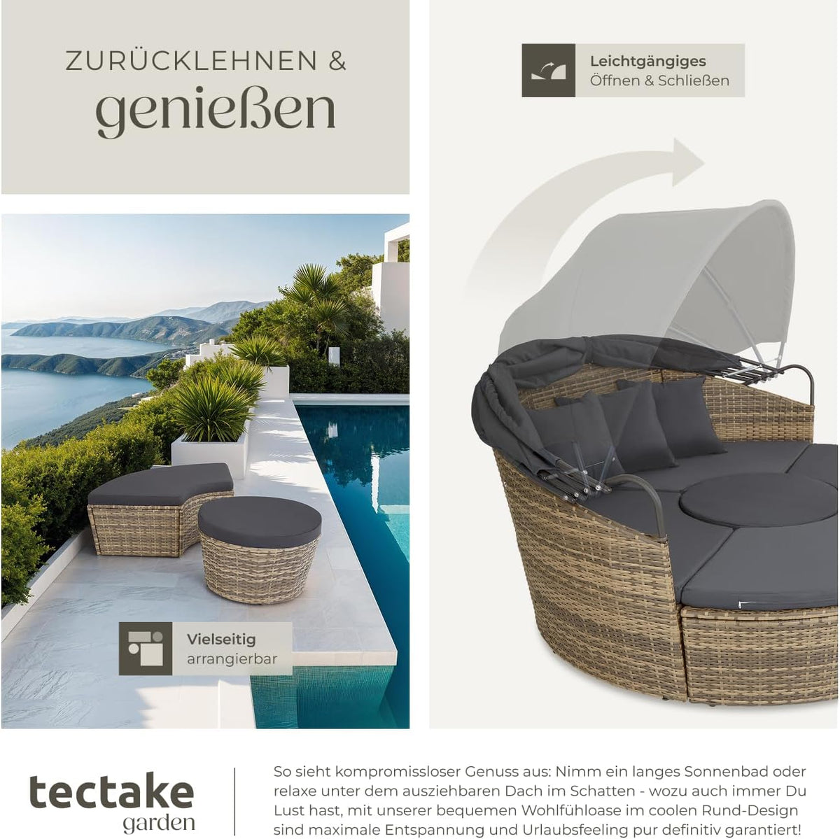 Polyrattan Sonneninsel Santorin II wetterfest 175 x 171 cm mit Sonnendach und Kissen