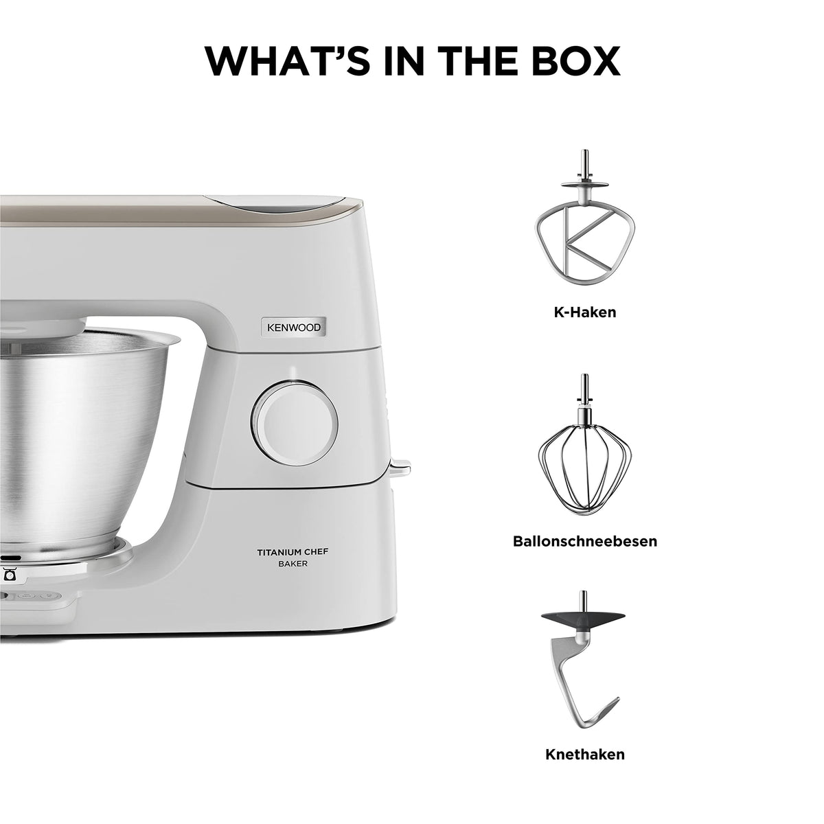 Küchenmaschine Titanium Chef Baker KVC65.001WH 1200 W 5 L Edelstahlschüssel mit Waage und Patisserie Set