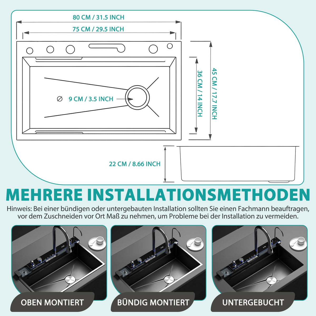 Edelstahl Küchenspüle 80 x 45 x 22 cm Einzelbecken mit LED-Temperaturanzeige ausziehbarem Wasserfallhahn und Ablaufgarnitur