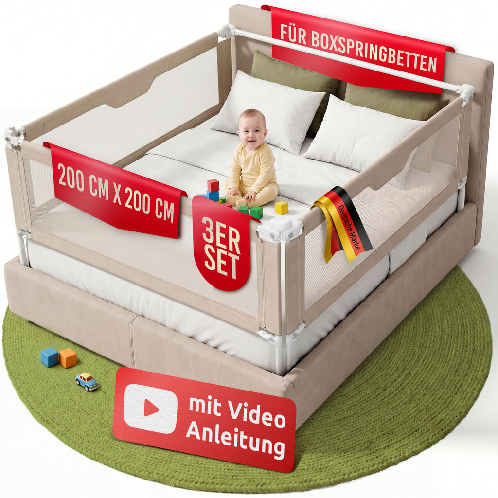 Bettgitter Rausfallschutz 200x200 cm 3-seitiges Set MALLIEFIX 2.0 Click-System höhenverstellbar Beige