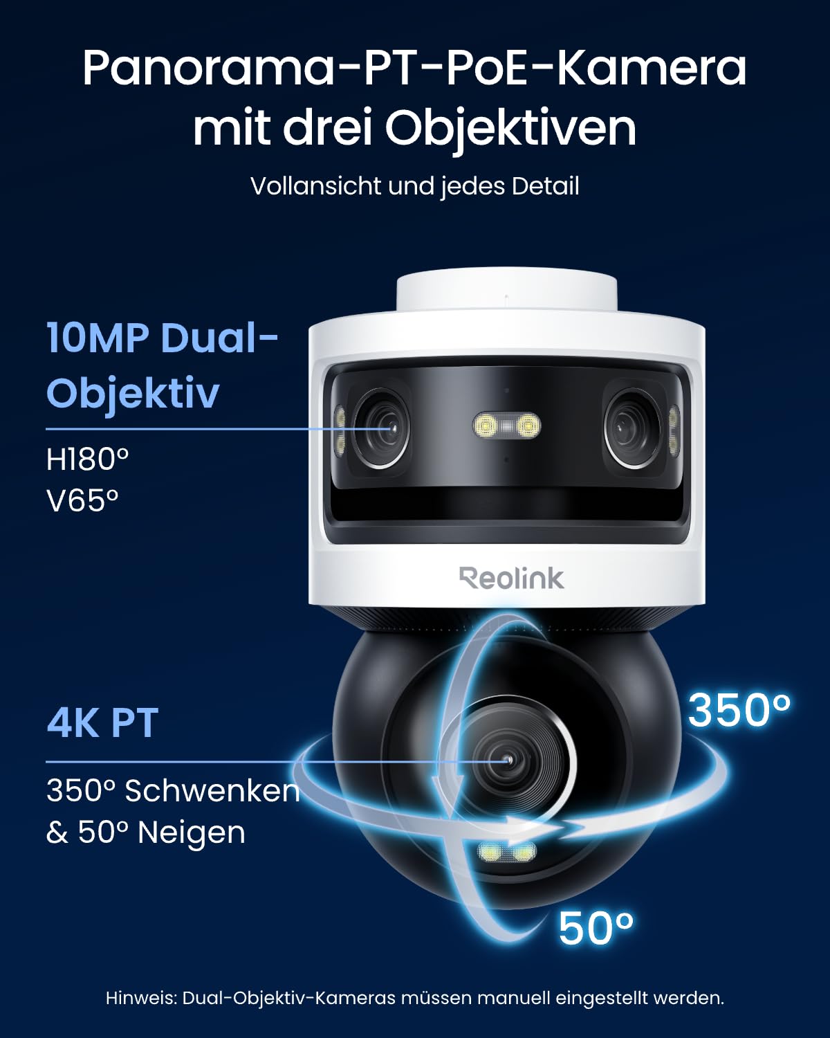 Dreifachobjektiv PoE Überwachungskamera außen 10MP+8MP 180° Panorama PTZ Auto-Tracking KI-Erkennung Farb- und IR-Nachtsicht 24/7-Aufzeichnung