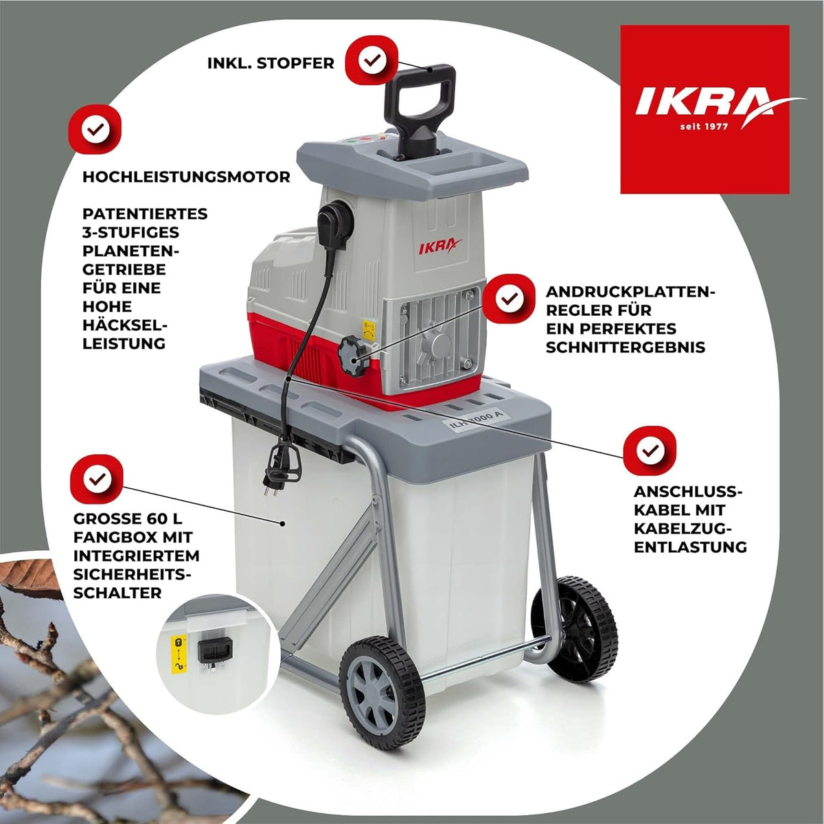 Gartenhäcksler Walzenhäcksler ILH 3000 A 3000W 44mm Aststärke leises Schneidsystem 60L Fangbox