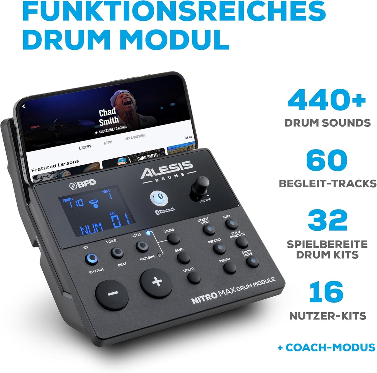 E-Drum Set 8-teilig Nitro Max Kit 10 Zoll Dual-Zone Snare Mesh Pads Bluetooth USB MIDI 440+ Sounds