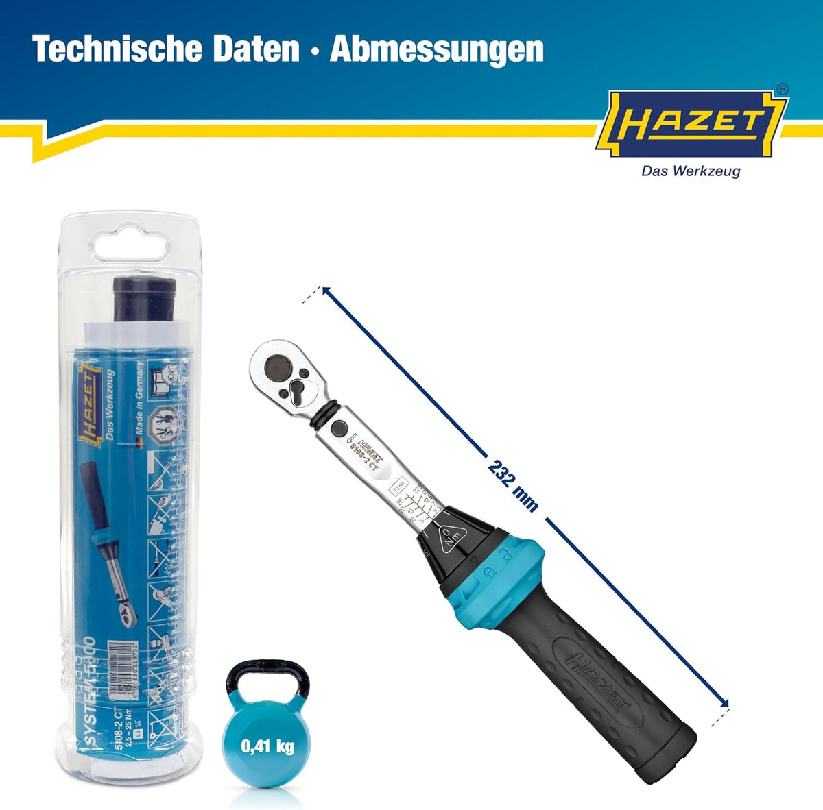 Drehmomentschlüssel 5108-2CT 2,5-25 Nm 1/4 Zoll Umschaltknarre Fahrrad Werkzeug mit Kalibrierschein 232 mm