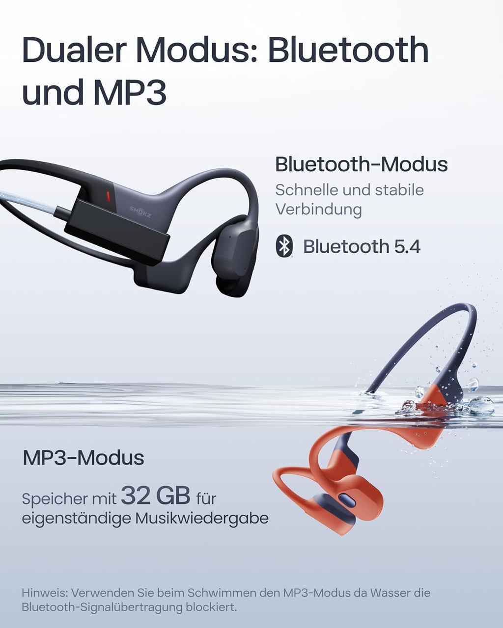 Knochenschall Schwimm Kopfhörer OpenSwim Pro S711 IP68 32GB MP3 Bluetooth 5.4 9h Kabelloses Laden Grau