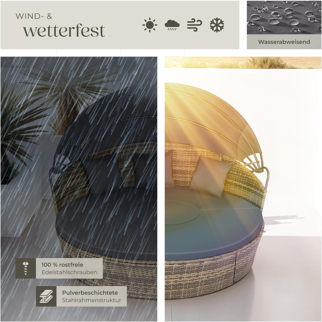 Polyrattan Sonneninsel Santorin II wetterfest 175 x 171 cm mit Sonnendach und Kissen