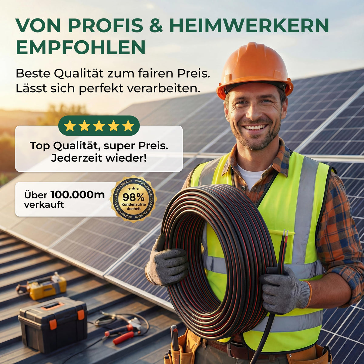PV-Solarkabel H1Z2Z2-K 6 mm² 100 m Rolle Schwarz Kupfer 1500 V UV-beständig TÜV-zertifiziert