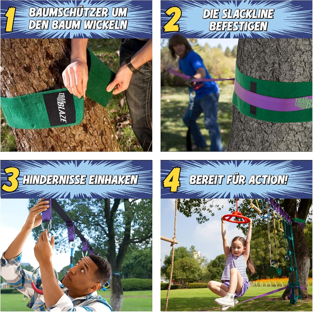 Ninja Hindernisparcours für Kinder Slackline Set 16,8 m mit Kletternetz Seilleiter Gymnastikringen Outdoor Trainingsgerät