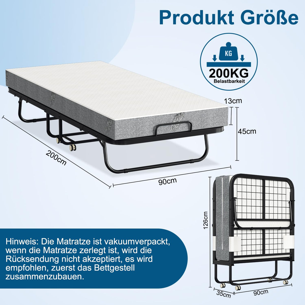 Klappbett 90 × 200 cm mit 13 cm Matratze bis 200 kg Metallrahmen Rollen Staubschutzhülle und waschbarem Bezug
