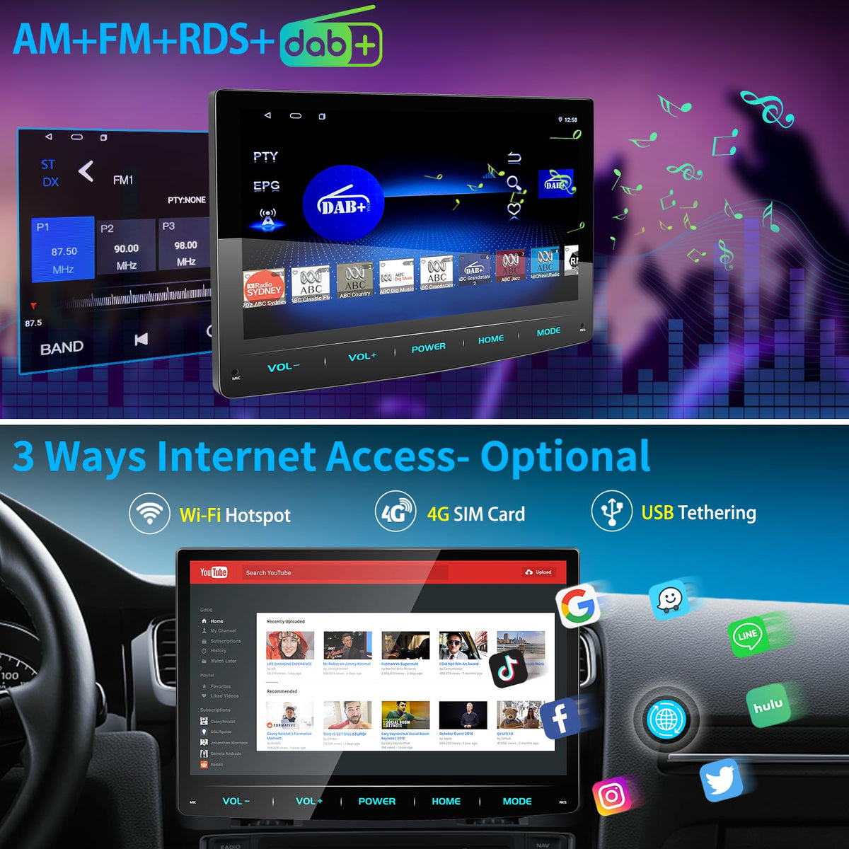 Android 13 Autoradio 10,1 Zoll Wireless Apple CarPlay Android Auto Navi DAB+ 1 DIN Bluetooth 8 Core 32GB WiFi 4G GPS Rückfahrkamera