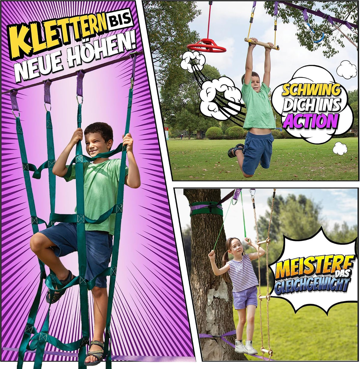 Ninja Hindernisparcours für Kinder Slackline Set 16,8 m mit Kletternetz Seilleiter Gymnastikringen Outdoor Trainingsgerät