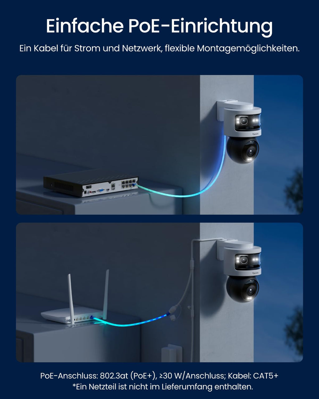 Dreifachobjektiv PoE Überwachungskamera außen 10MP+8MP 180° Panorama PTZ Auto-Tracking KI-Erkennung Farb- und IR-Nachtsicht 24/7-Aufzeichnung