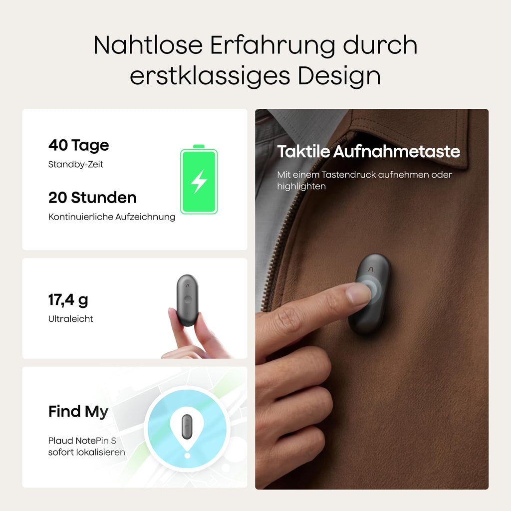 KI-Diktiergerät NotePin S mit Aufnahmetaste 64 GB 20 Stunden Aufnahme 4 Tragemodi Transkription und Zusammenfassungen