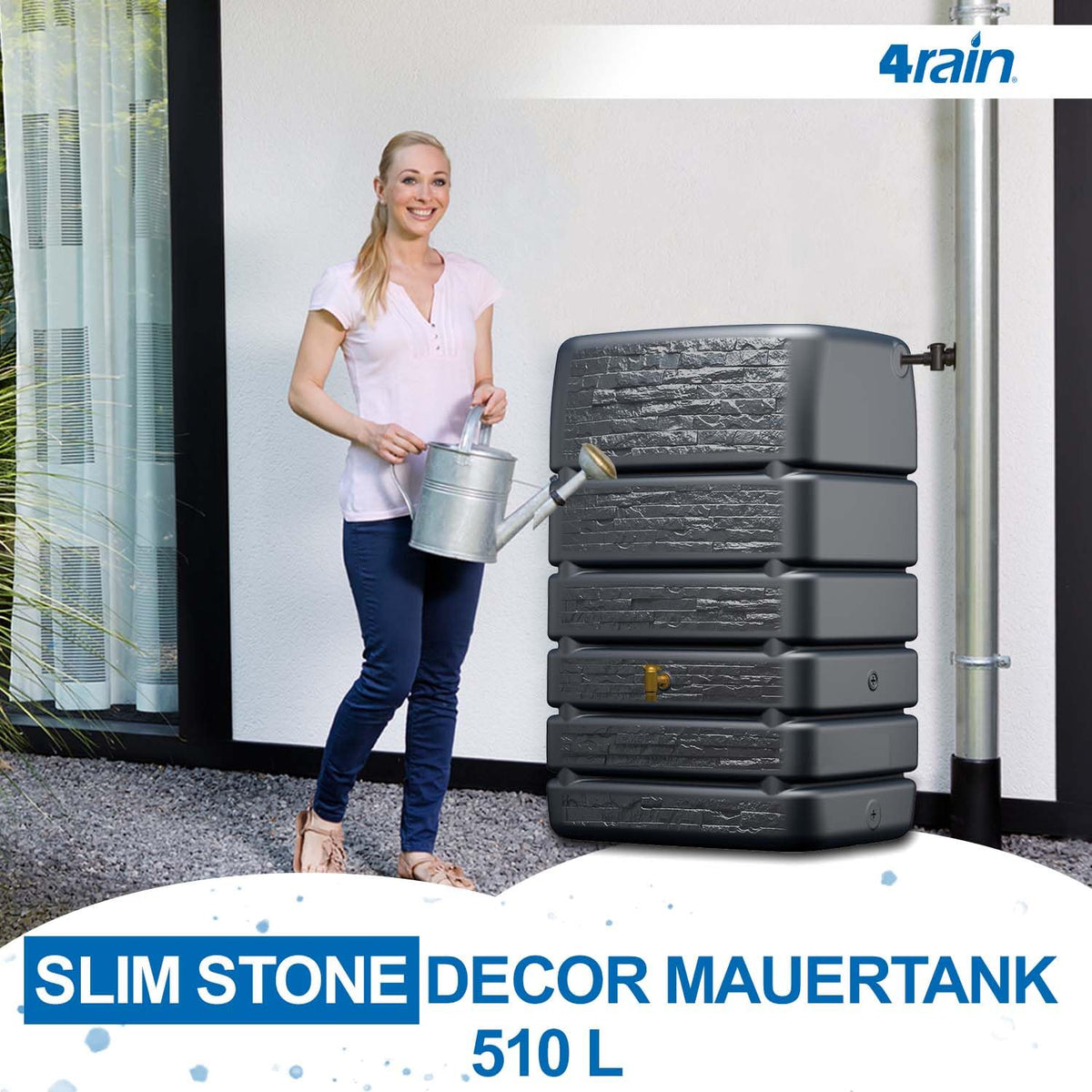 Regentonne Slim Stone Decor 510 Liter Mauertank 80 x 60 x 123 cm in Steinoptik mit Auslaufhahn