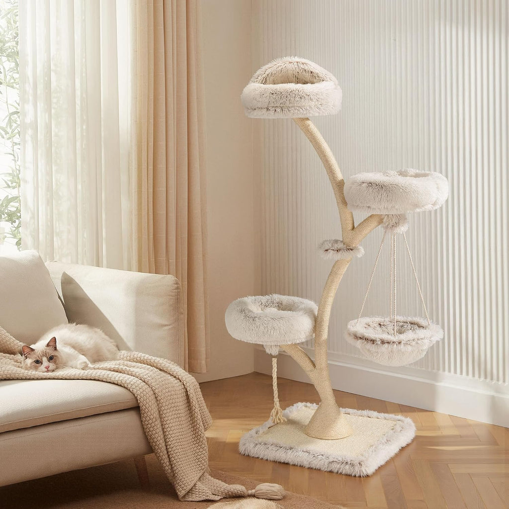 Kratzbaum mit Hängeliege 59 x 59 x 169 cm 3 Ebenen bis 15 kg Sisal und Plüsch Katzenbaum mit Liegeflächen und Spielbereichen