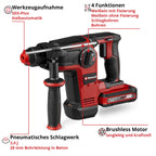 Akku-Bohrhammer 18 V Brushless 3 J SDS-plus 4 Funktionen 28 mm 3,0 Ah Akku Ladegerät Koffer 3 Bohrer Flachmeißel