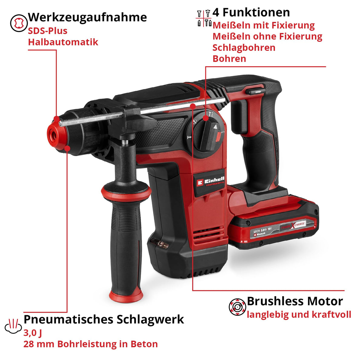 Akku-Bohrhammer 18 V Brushless 3 J SDS-plus 4 Funktionen 28 mm 3,0 Ah Akku Ladegerät Koffer 3 Bohrer Flachmeißel