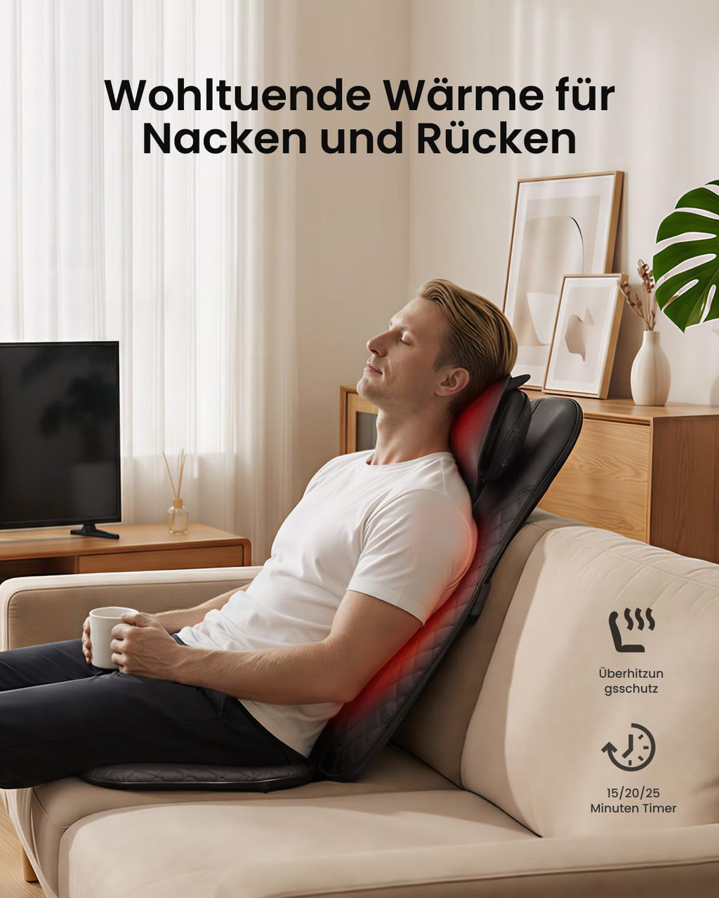 Shiatsu Massagesitzauflage für Rücken und Nacken 12 Massagerollen 3 Massagezonen Wärmefunktion Sitzvibration Verstellbare Nackenmassage