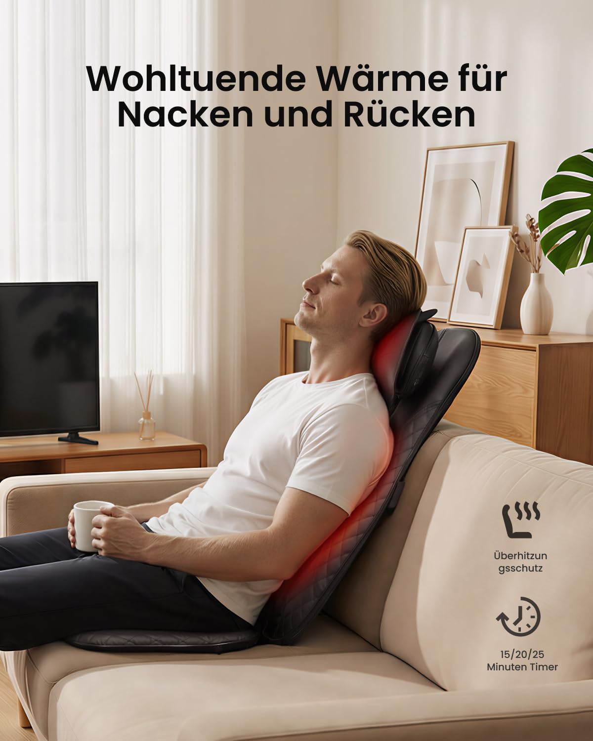 Shiatsu Massagesitzauflage für Rücken und Nacken 12 Massagerollen 3 Massagezonen Wärmefunktion Sitzvibration Verstellbare Nackenmassage