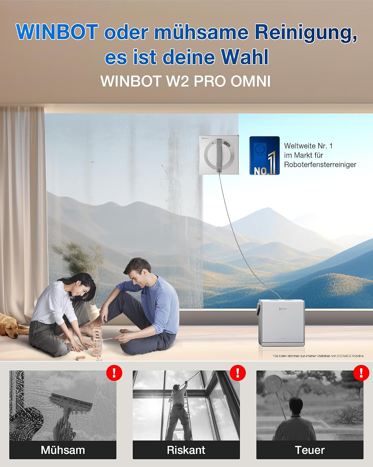 Fensterputzroboter W2 Pro Omni WG851-11 Glasreinigung 6-in-1 Station Win-SLAM 4.0 12-Stufen Schutz 3-Düsen Sprühkopf Weiß