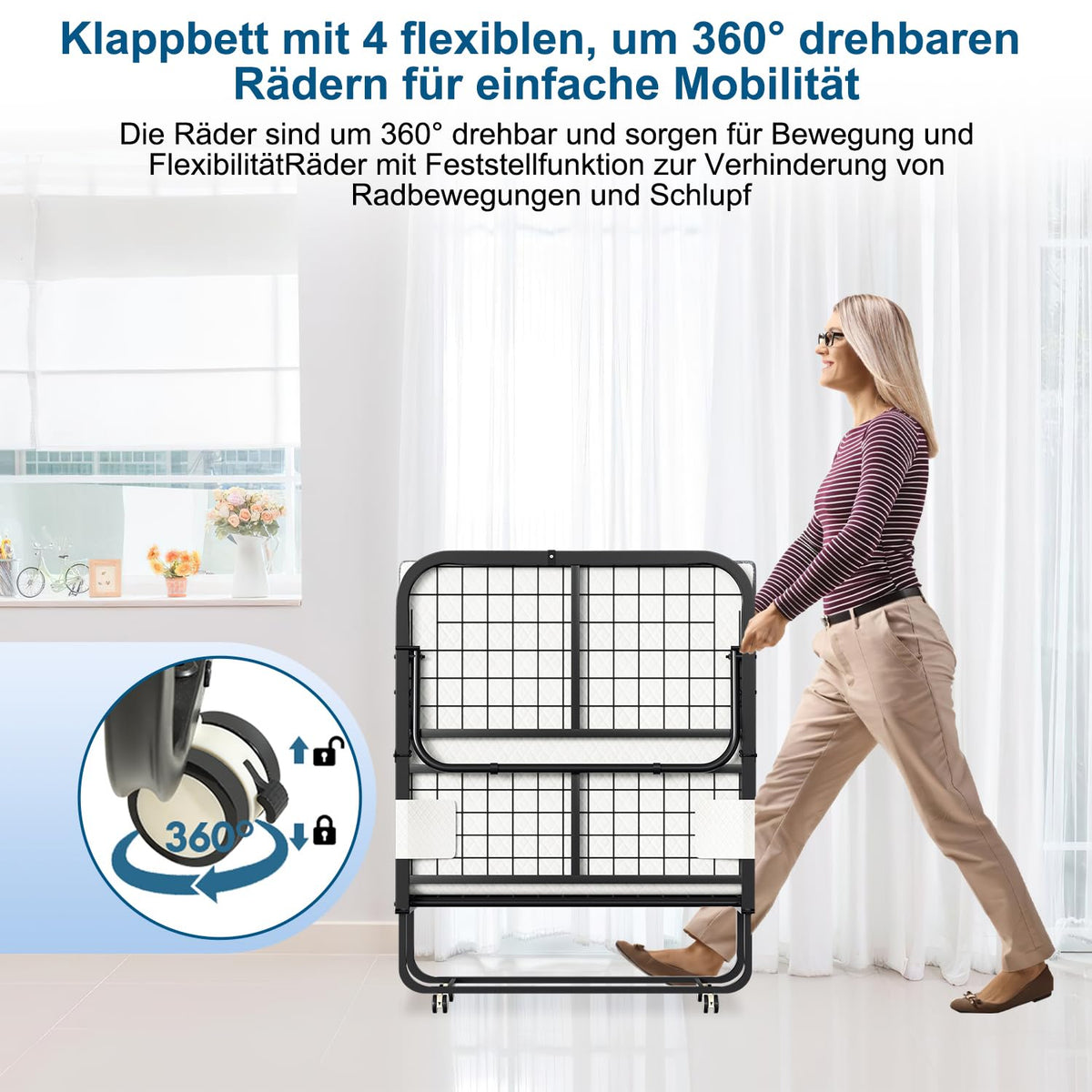Klappbett 90 × 200 cm mit 13 cm Matratze bis 200 kg Metallrahmen Rollen Staubschutzhülle und waschbarem Bezug