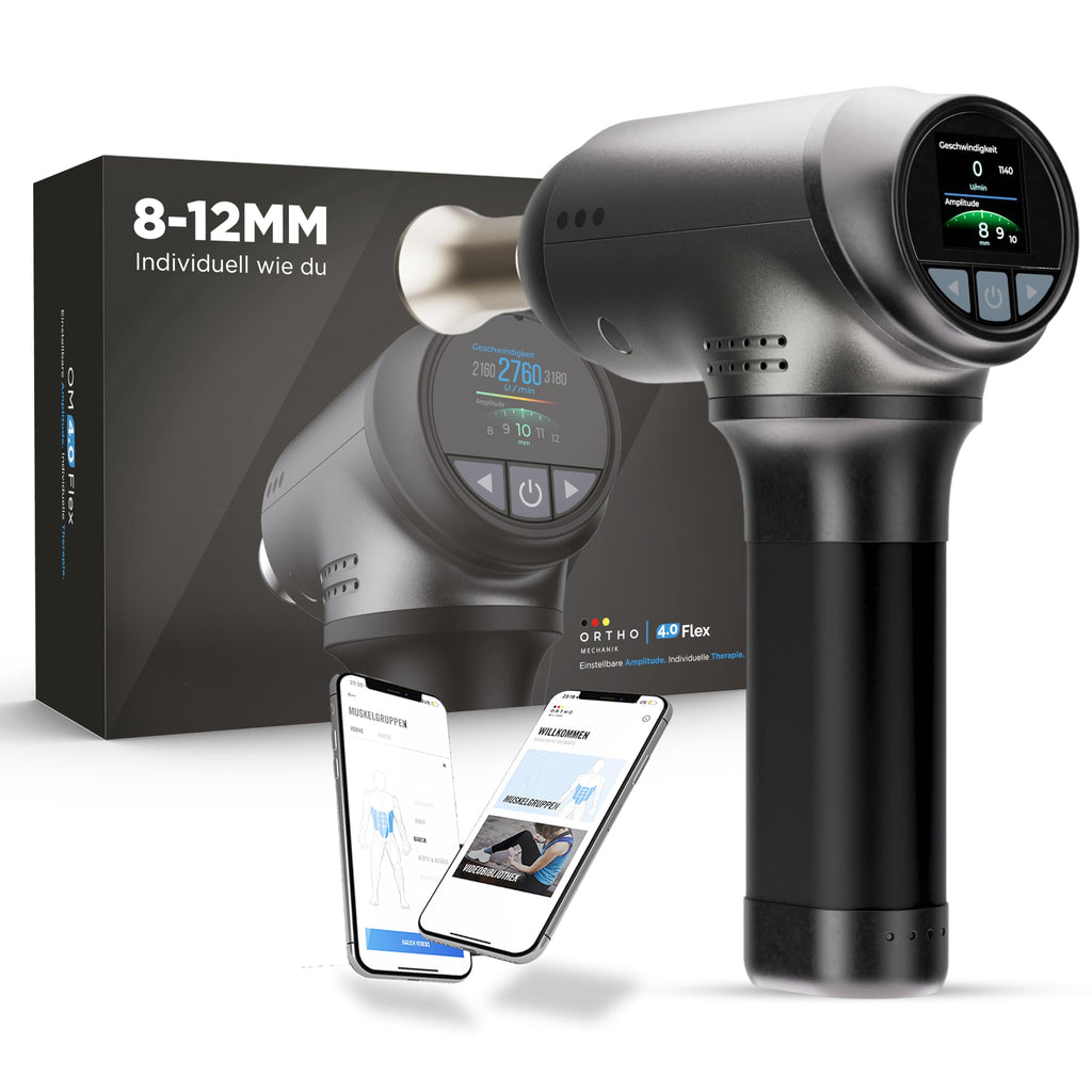 Massagepistole OM 4.0 Flex mit 8–12 mm Amplitude 5 Frequenzstufen 4000 mAh Akku 8 Aufsätzen und App