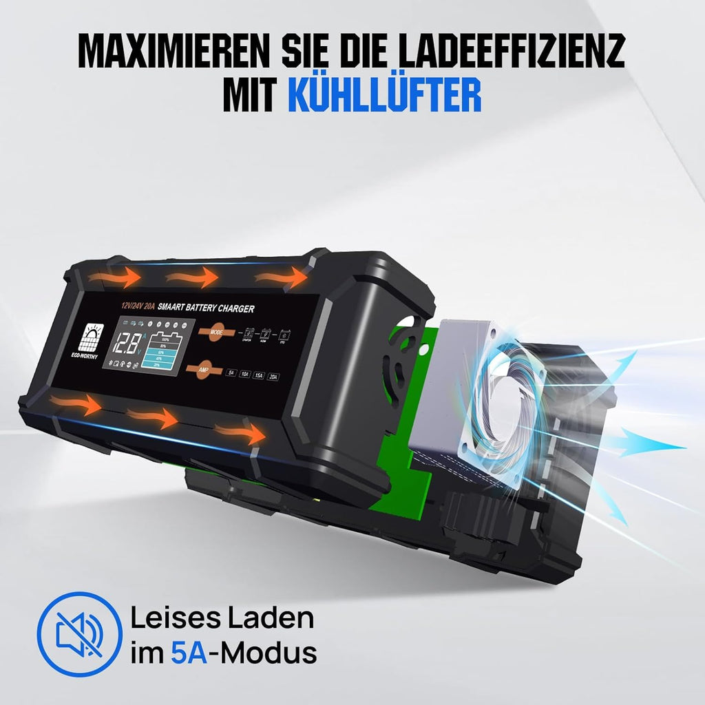 LiFePO4 Batterie 12V 100Ah mit Bluetooth BMS und 12/24V 20A Ladegerät Low Temperatur Schutz für Wohnmobil Boot