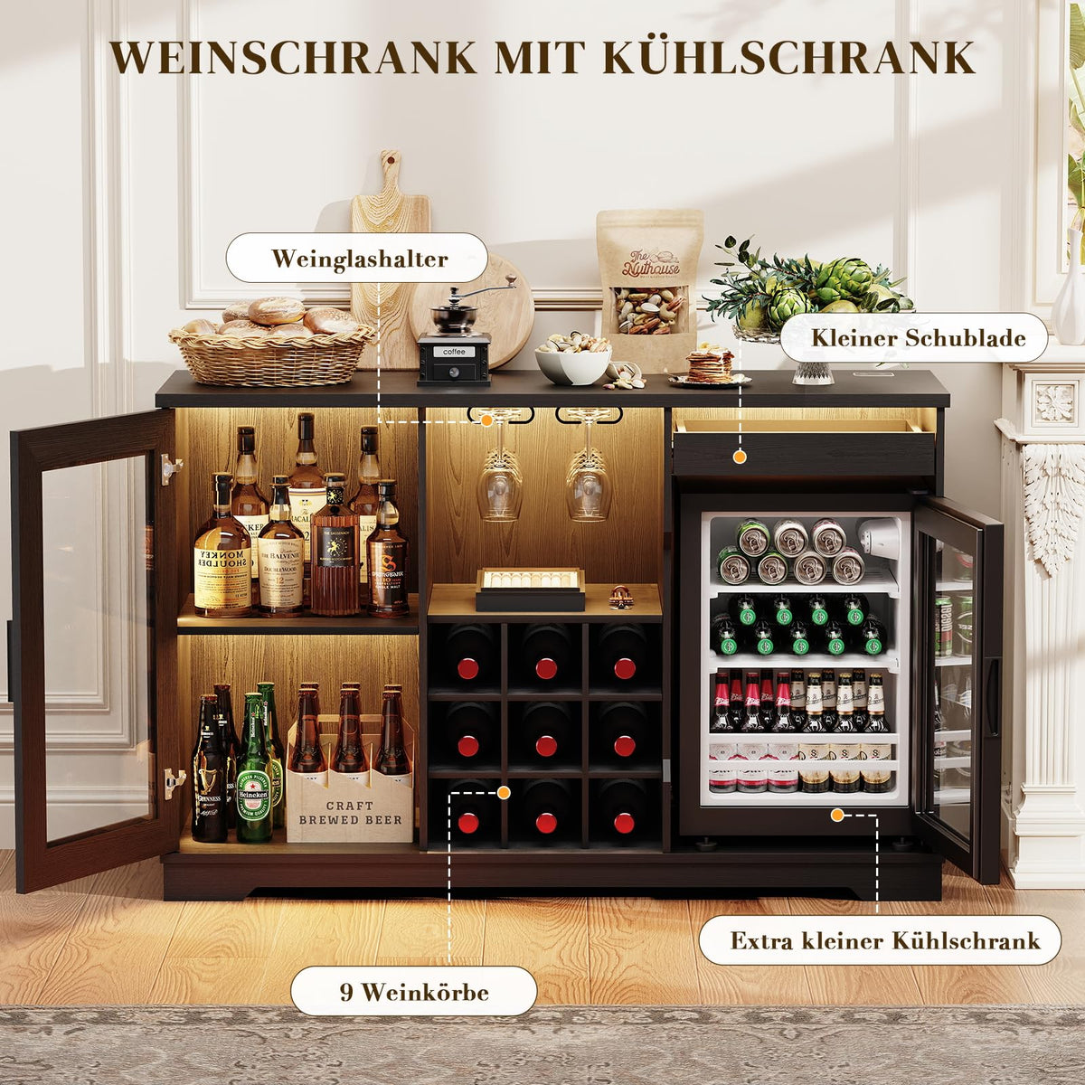 Barschrank mit Kühlschrank WR003B 120 x 40 x 78 cm LED-Beleuchtung 9 Weinregale Bewegungssensor